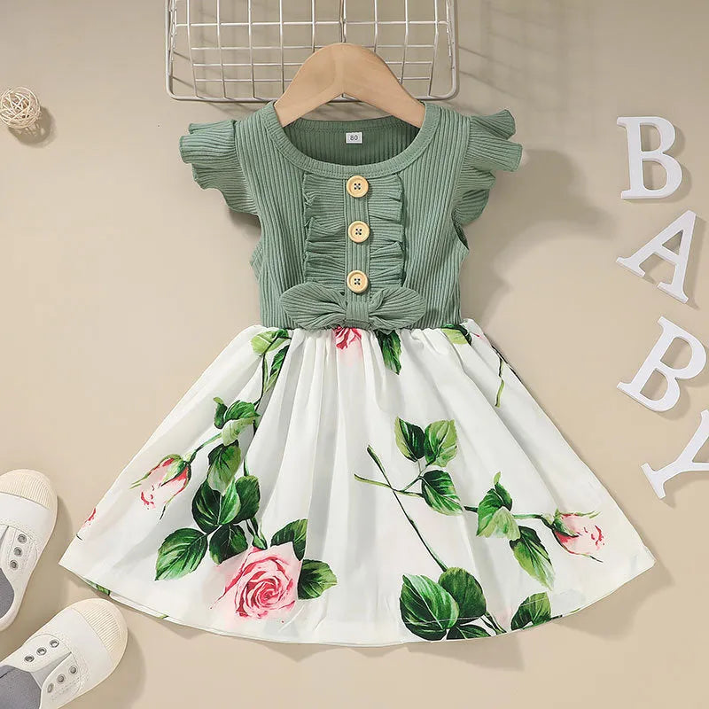 Sleeveless cotton blend summer dress for toddler girl in green colour, size 100cm.