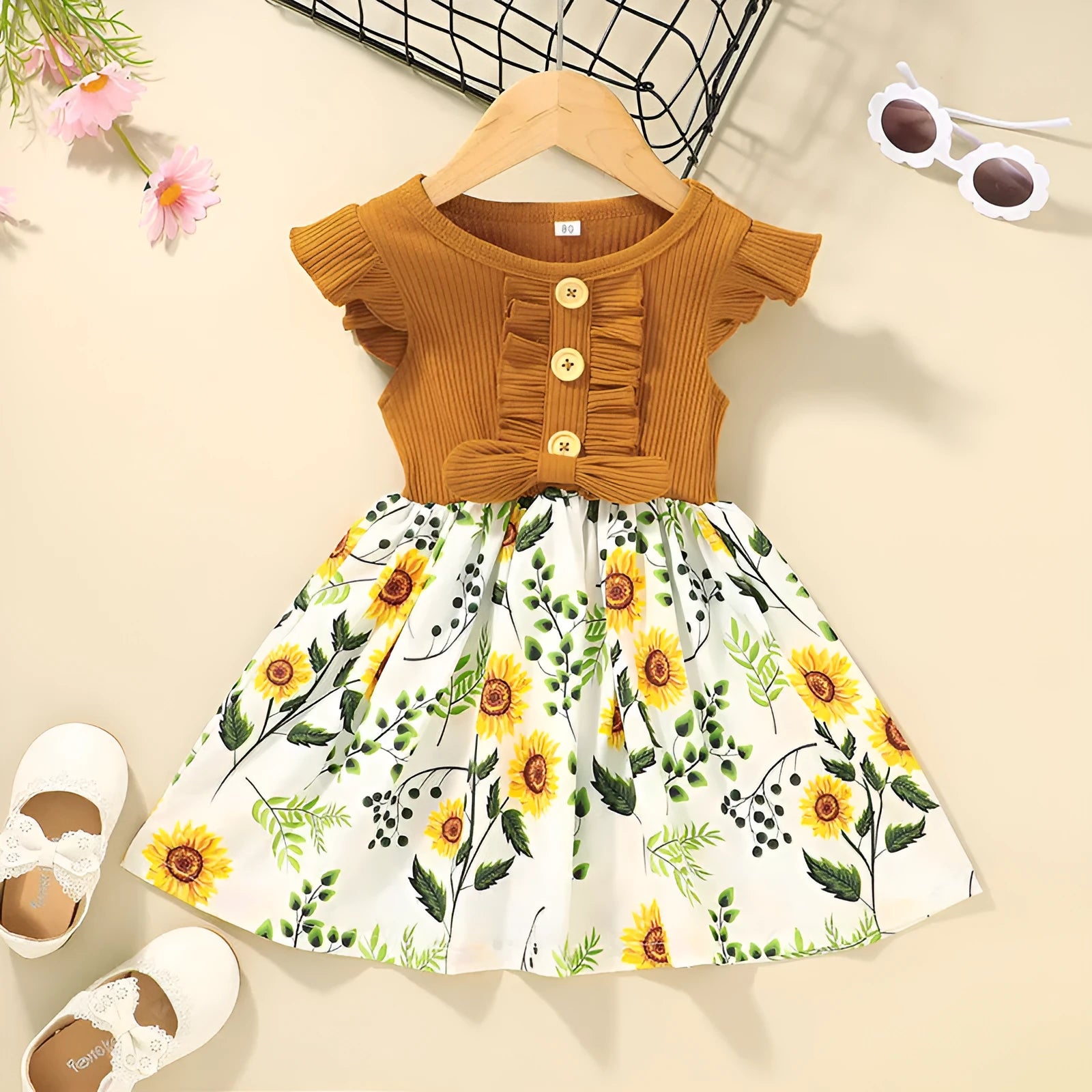 Sleeveless cotton blend summer dress for toddler girl in green colour, size 100cm.