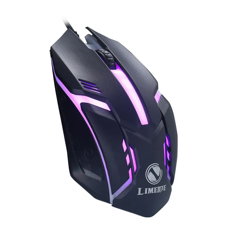 Wired black and white luminous computer mouse with USB cable on desktop