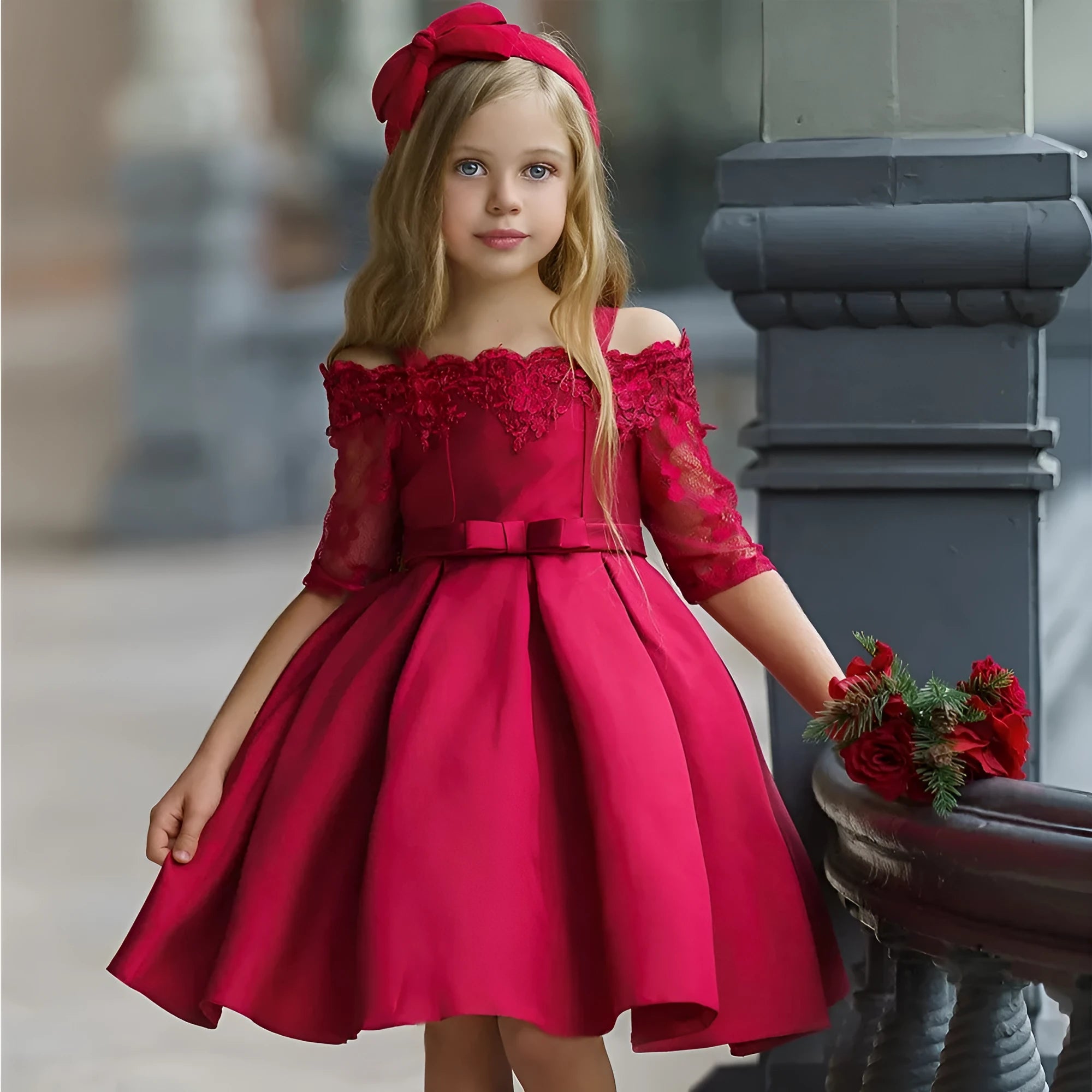 Girls lace detail dress in polyester fabric available in sizes 3T to 10T and five colours.