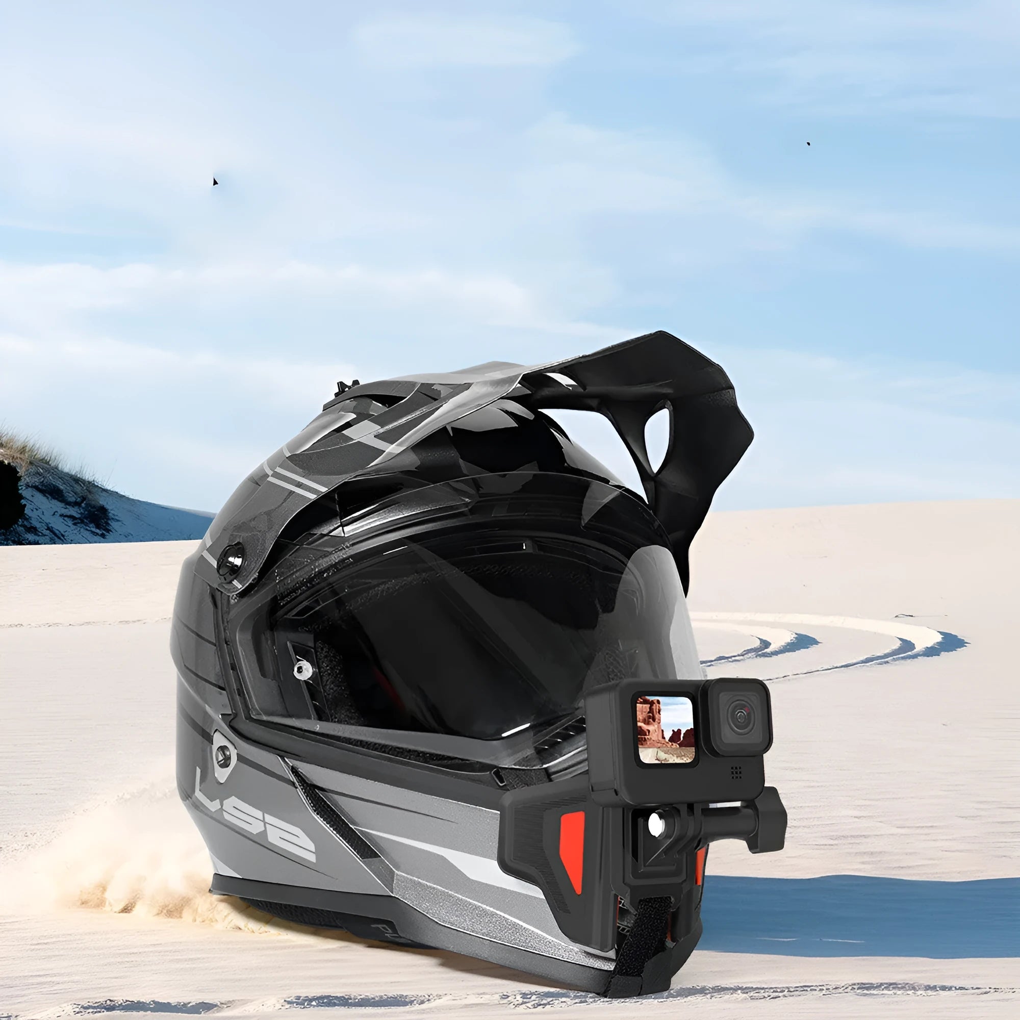 Black universal motorcycle helmet chin strap mount for action cameras with stainless steel hardware