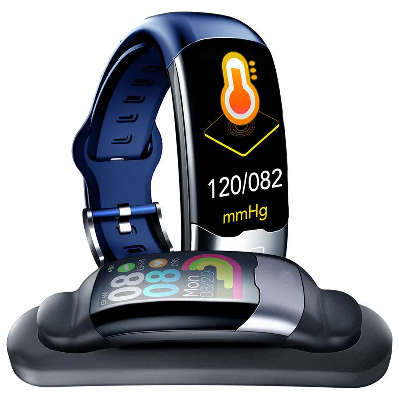 Black smart wristband with digital display showing heart rate and blood pressure readings
