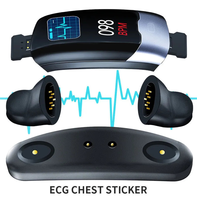 Black smart wristband with digital display showing heart rate and blood pressure readings