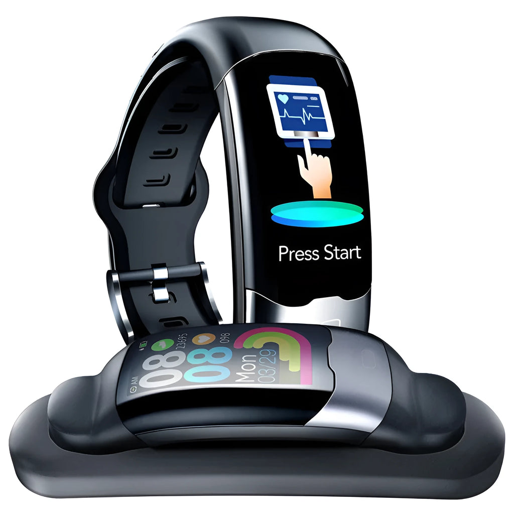 Black smart wristband with digital display showing heart rate and blood pressure readings