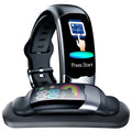 Black smart wristband with digital display showing heart rate and blood pressure readings