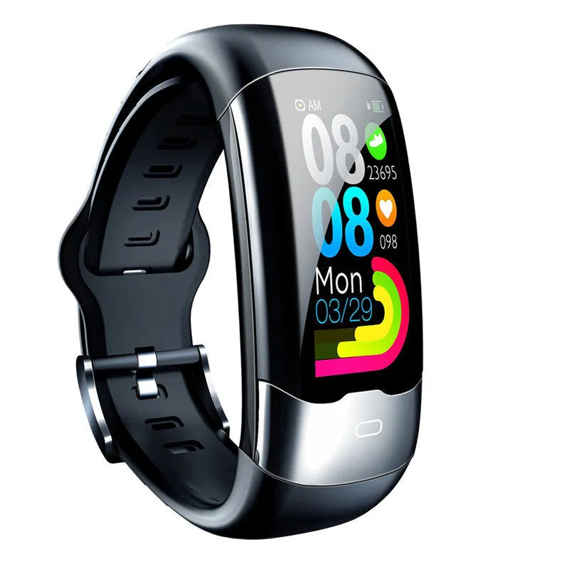 Black smart wristband with digital display showing heart rate and blood pressure readings