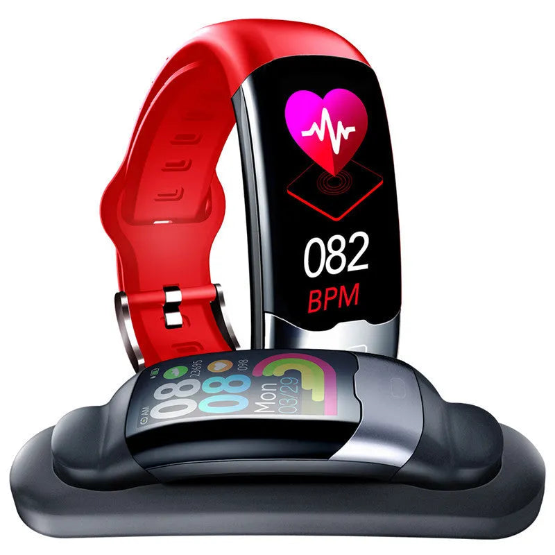 Black smart wristband with digital display showing heart rate and blood pressure readings