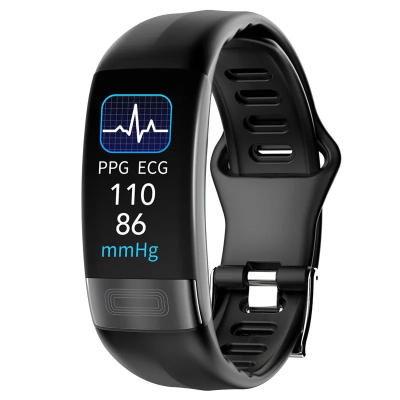 Black smart health bracelet with touch screen displaying ECG and heart rate data on a wrist.