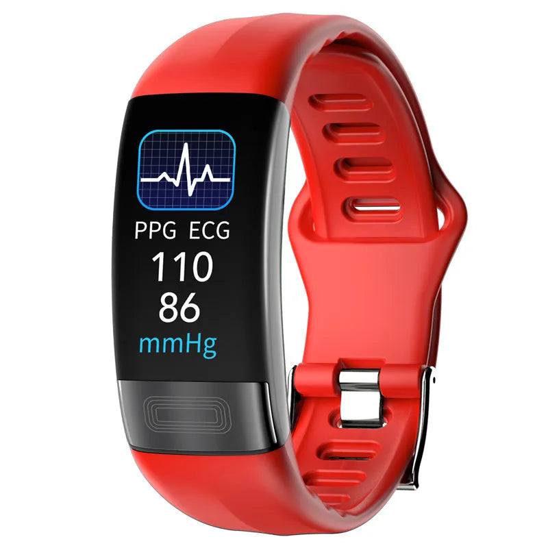 Black smart health bracelet with touch screen displaying ECG and heart rate data on a wrist.