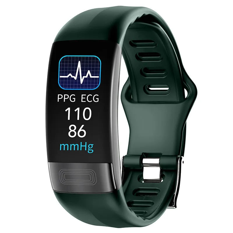 Black smart health bracelet with touch screen displaying ECG and heart rate data on a wrist.