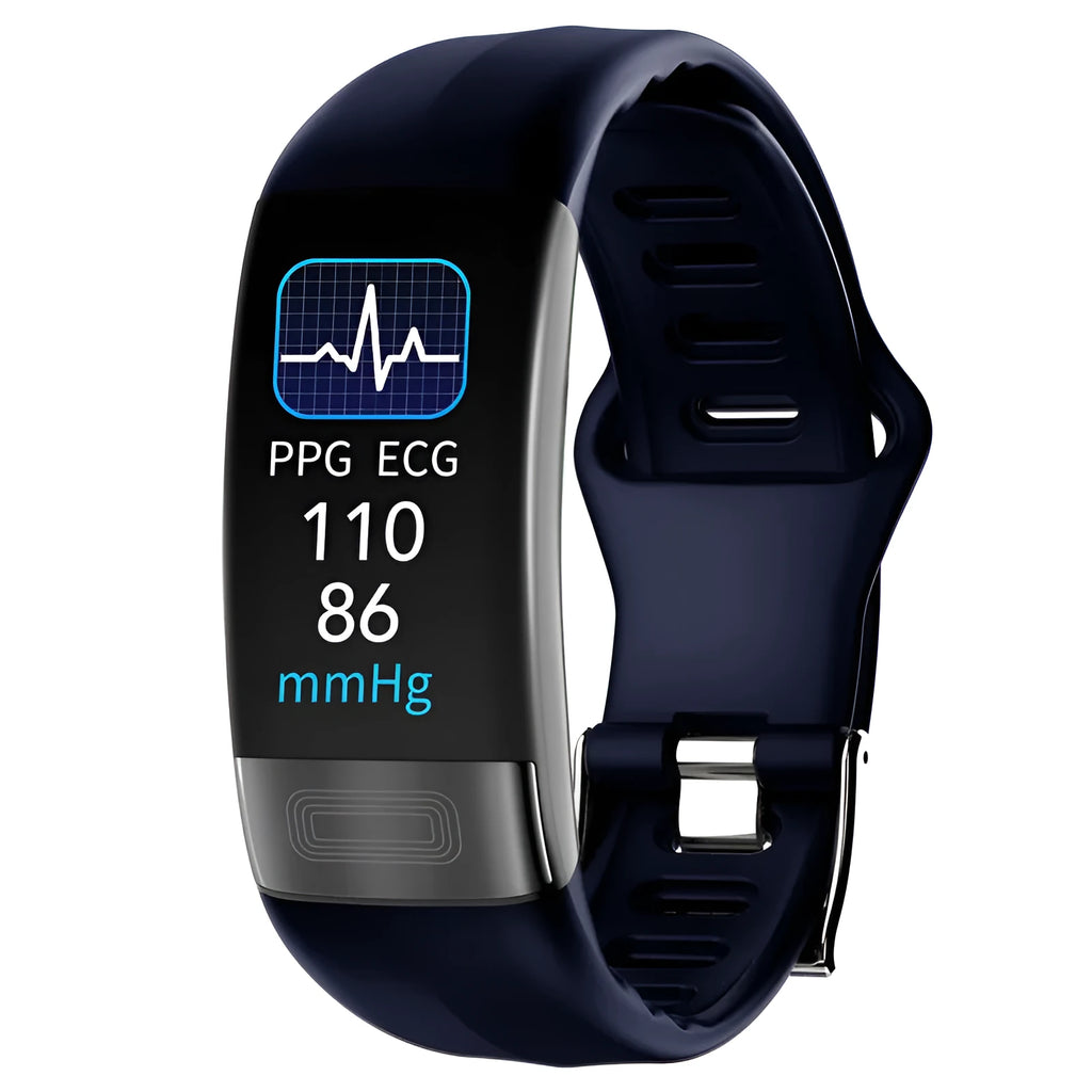 Black smart health bracelet with touch screen displaying ECG and heart rate data on a wrist.