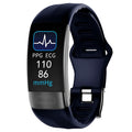 Black smart health bracelet with touch screen displaying ECG and heart rate data on a wrist.