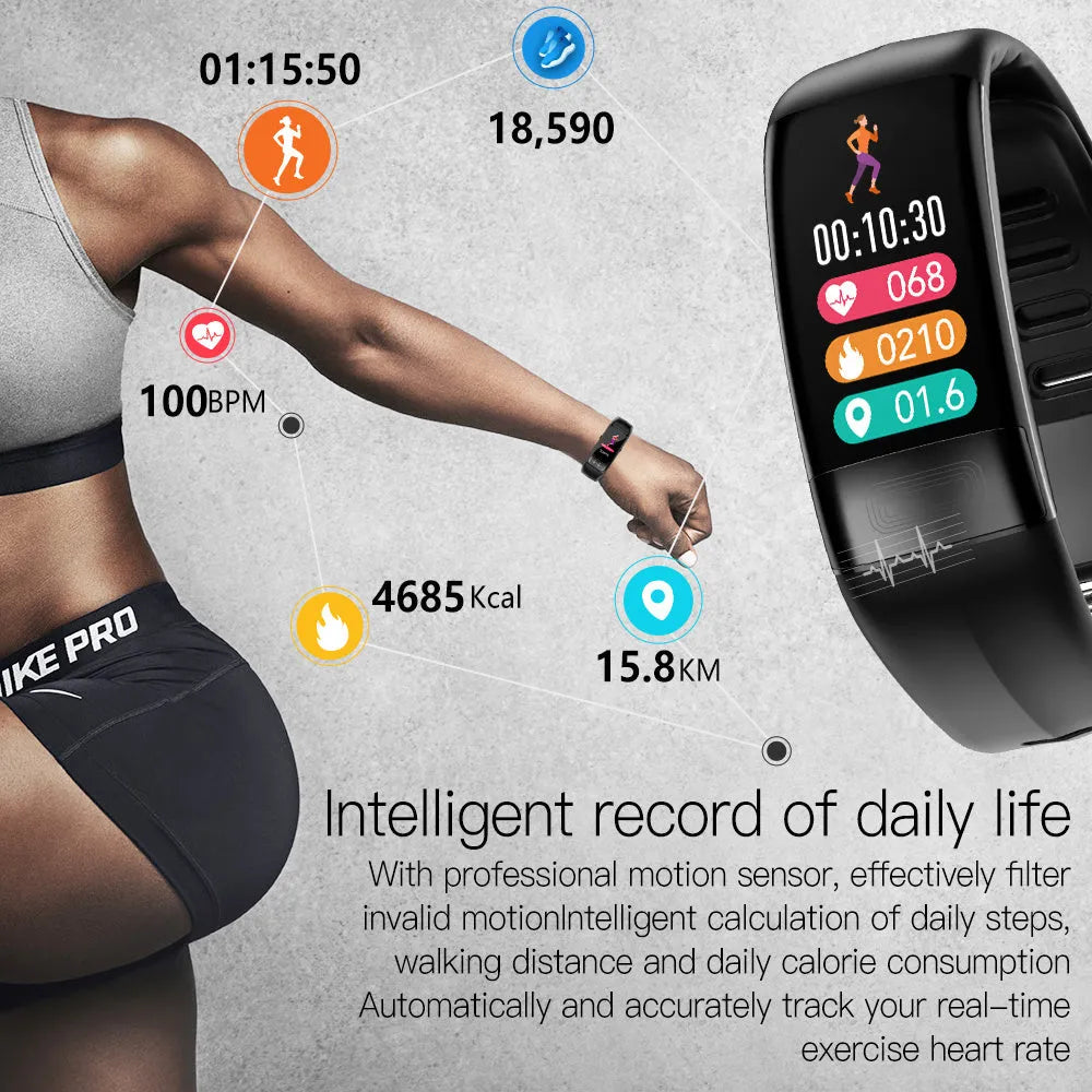 Black smart health bracelet with touch screen displaying ECG and heart rate data on a wrist.