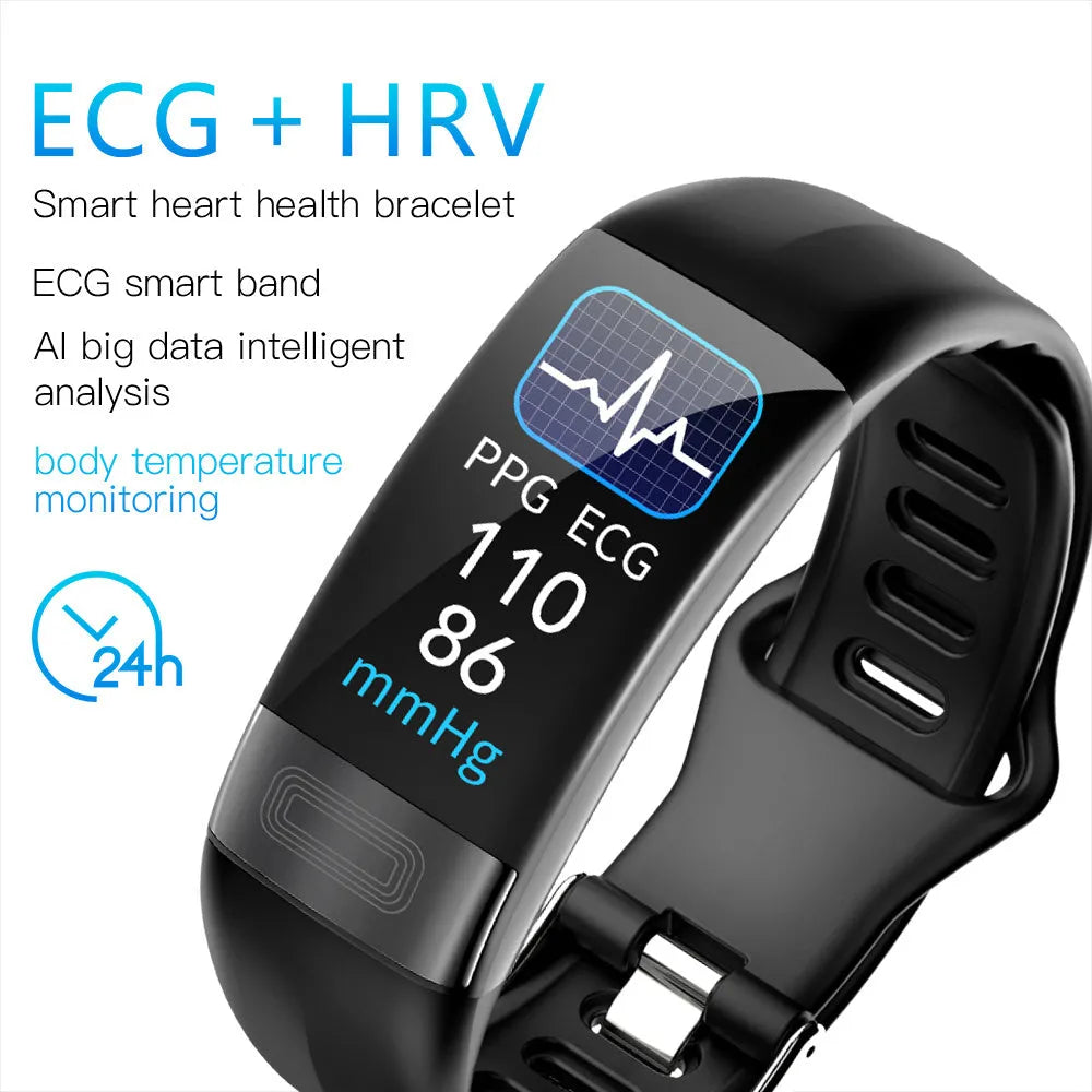 Black smart health bracelet with touch screen displaying ECG and heart rate data on a wrist.