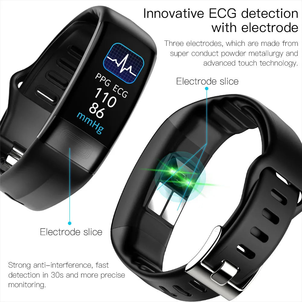 Black smart health bracelet with touch screen displaying ECG and heart rate data on a wrist.