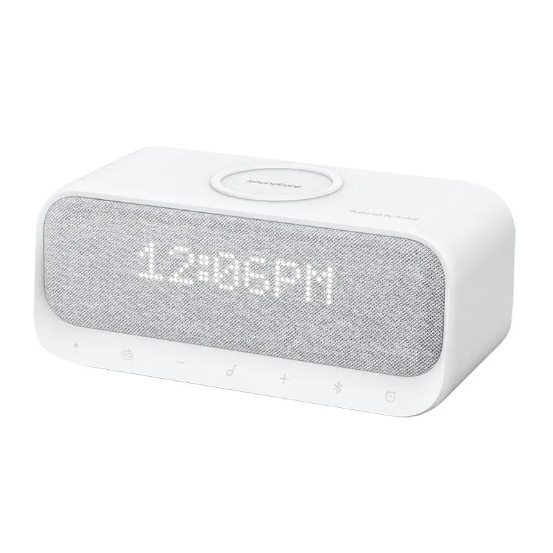 Anker Soundcore white Bluetooth speaker alarm clock with wireless charging pad on top