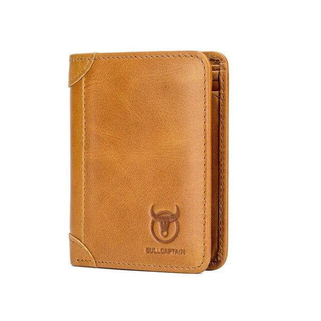 Men's brown leather casual wallet open showing card slots, bill holder and secret compartment.