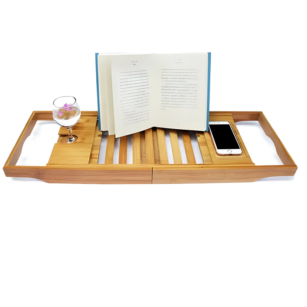 Bamboo bathtub frame storage organiser on bathroom surface holding bathing essentials