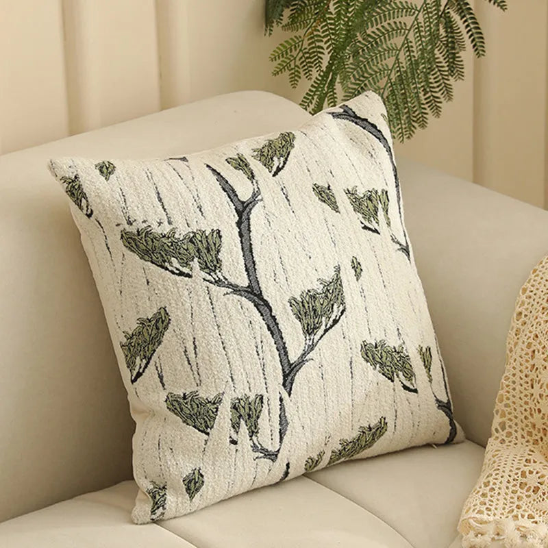 Square 45cm yarn-dyed Jacquard pillow cover with Nordic floral botanical pattern in multiple colour options.