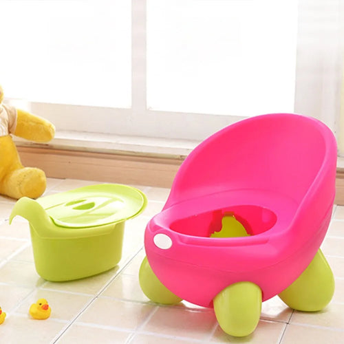 Colourful plastic baby potty training toilet stool for toddlers in red, green, blue, pink, and light blue.