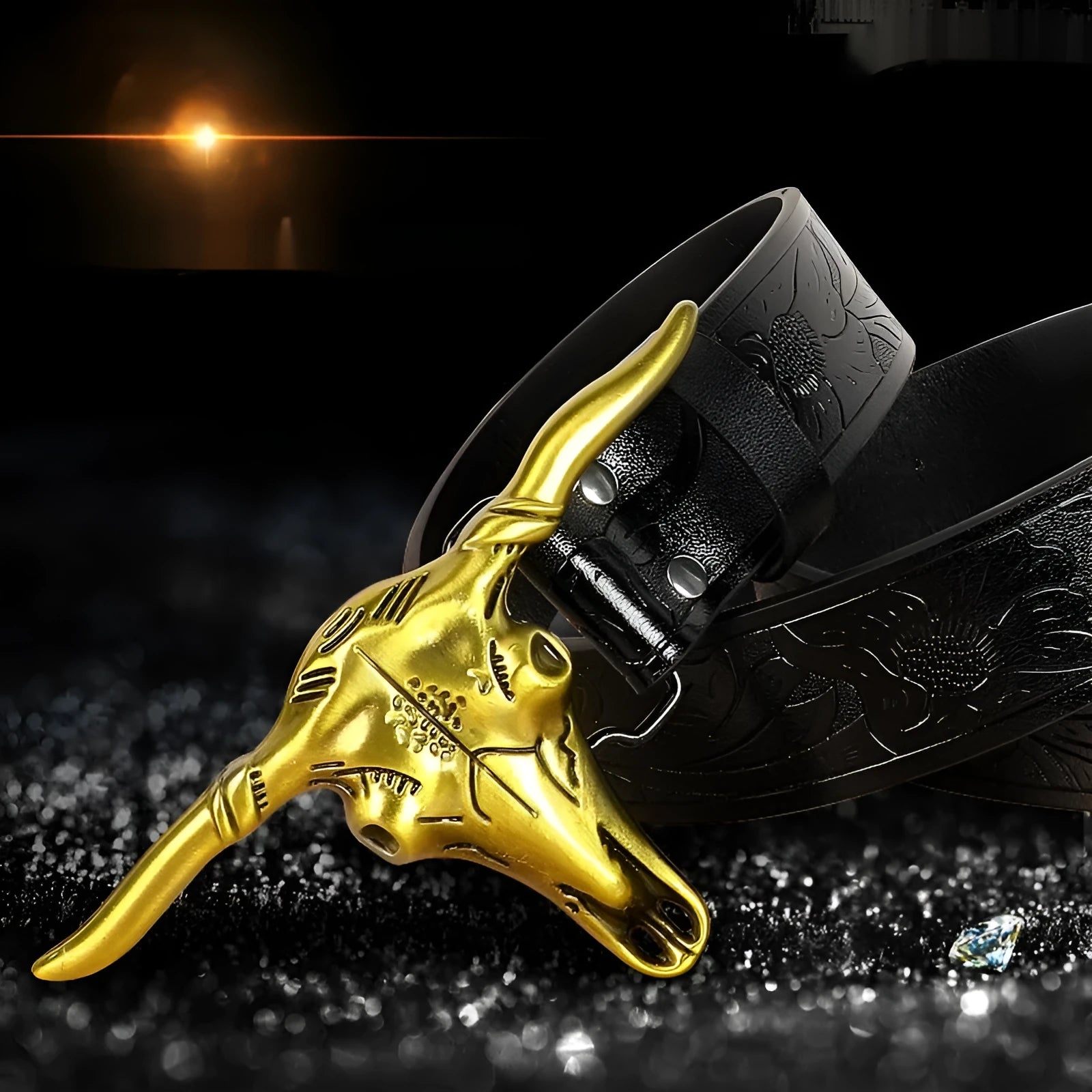 Men's black imitation leather belt with a detailed silver alloy cow head buckle and pin fastening.