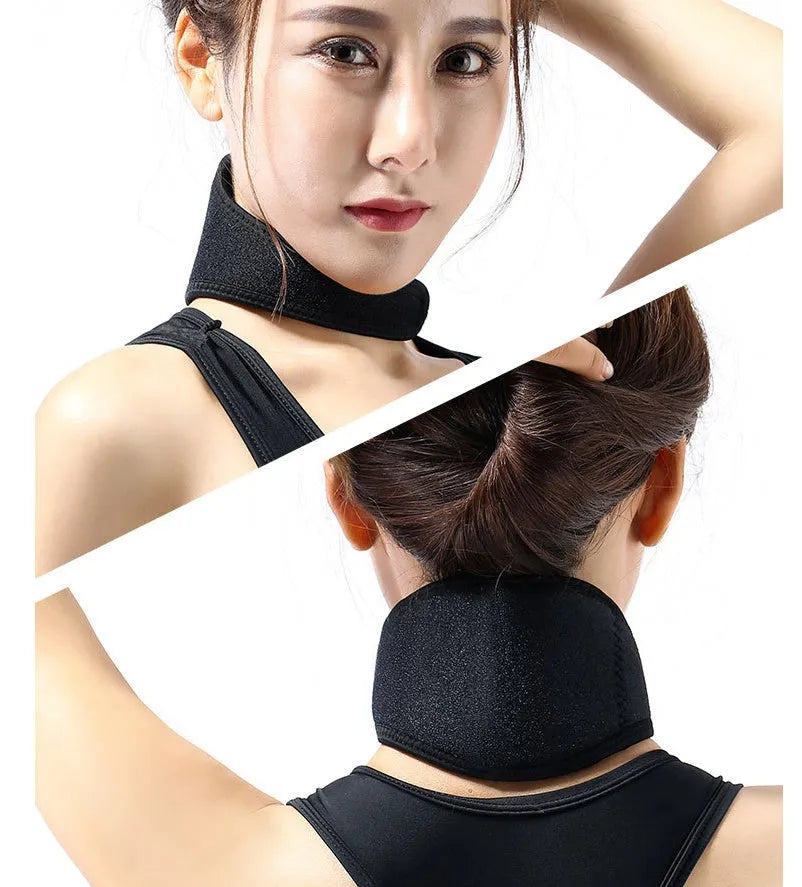 Black adjustable self-heating neck guard with magnetic therapy for pain relief.