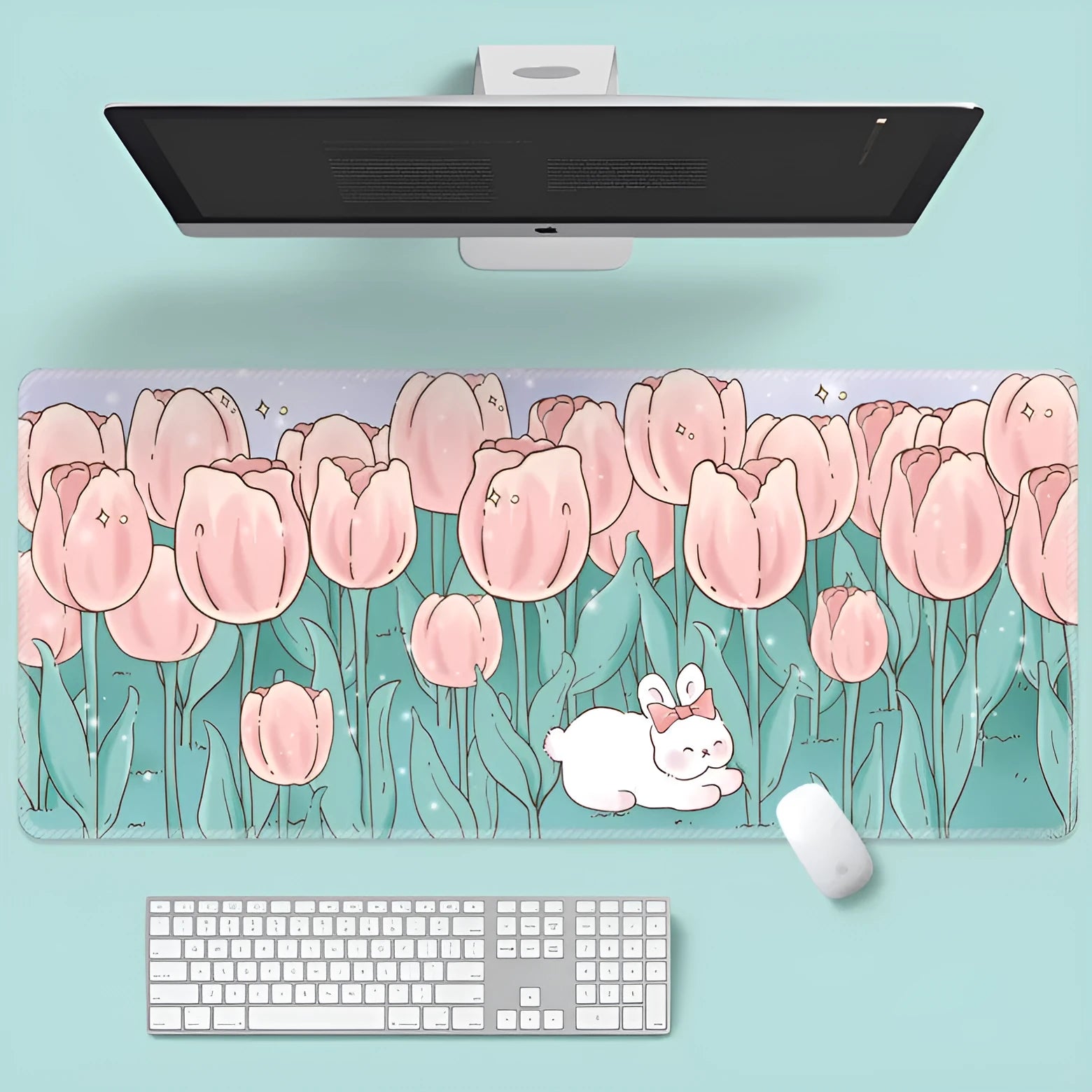 Large floral cartoon pattern mouse pad on a desk, showing non-slip rubber base and colourful design.