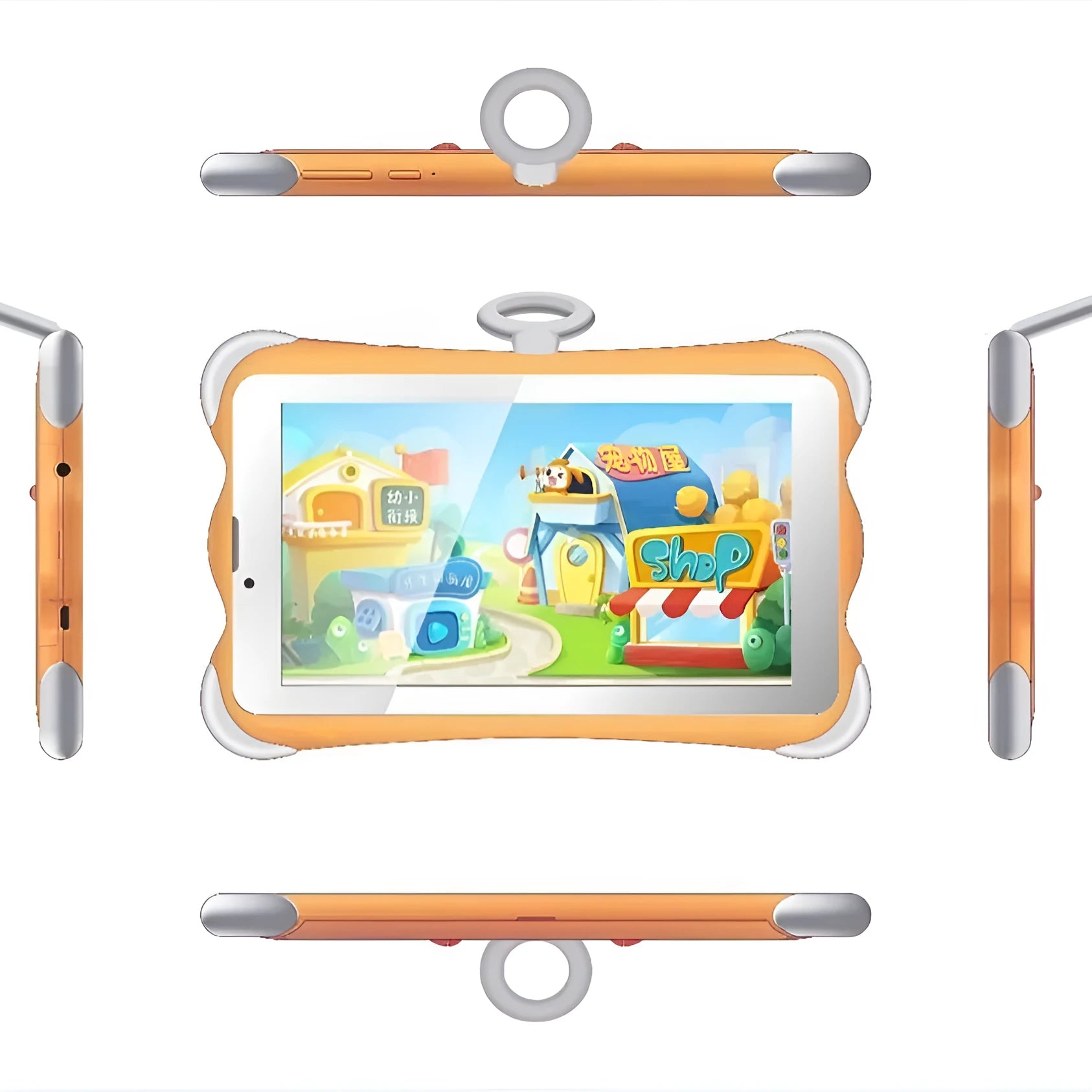 Cartoon-coloured 7-inch children's learning tablet with a flip-out stand on a table