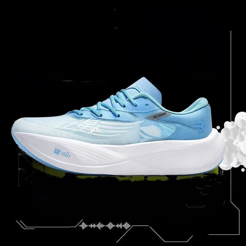 Low-top racing sneakers with carbon plate technology showing front lace-up closure and natural rubber sole