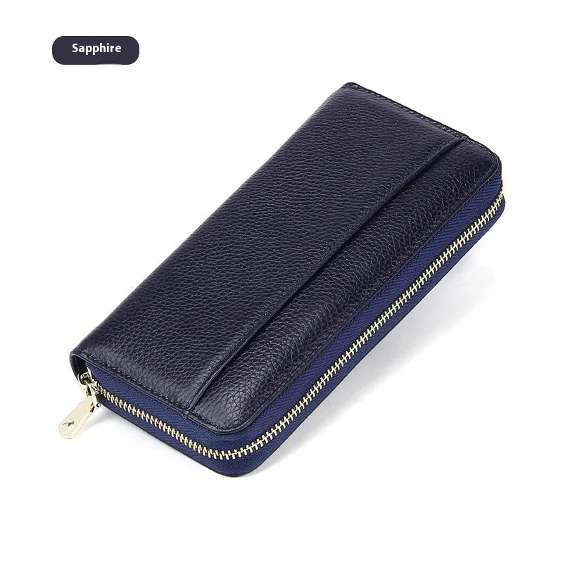 Genuine leather women's wallet showing interior organisation and anti-theft card protection features