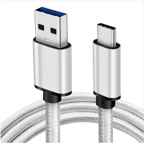 Gold USB Type-C to USB 3.0 braided charging cable with metal plugs on a white background.