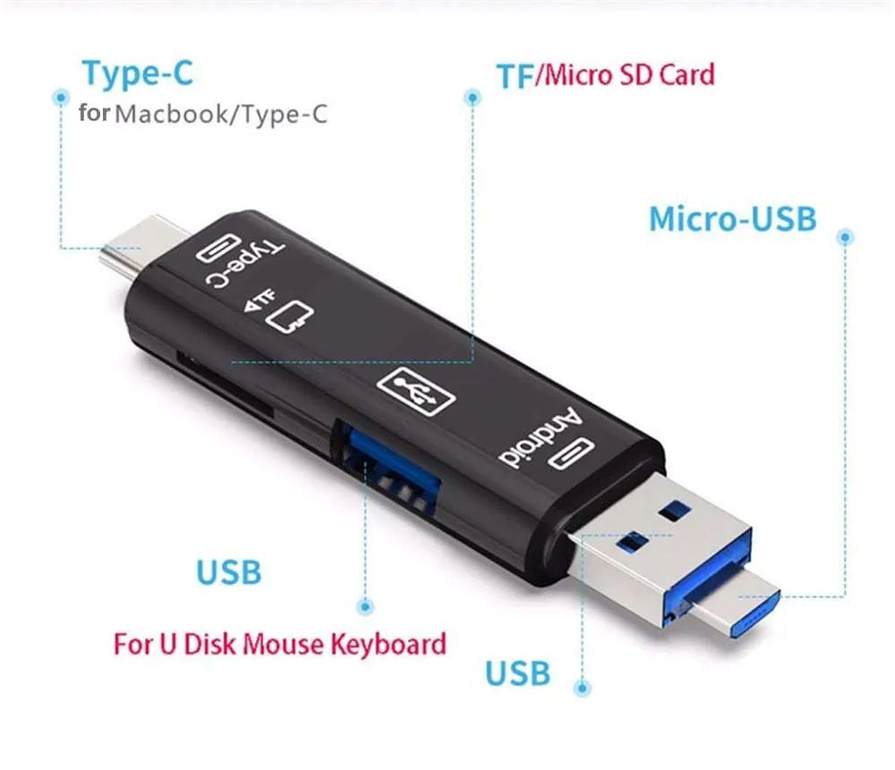 Black Type-C Micro USB OTG hub adapter with TF card reader slot and USB ports