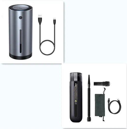 Baseus handheld car vacuum cleaner in black, white, or green, shown with blowing hose attachment.