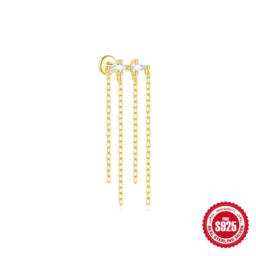 S925 sterling silver geometric kite shaped earrings with chain tassel and rhinestone detailing in gold tone finish