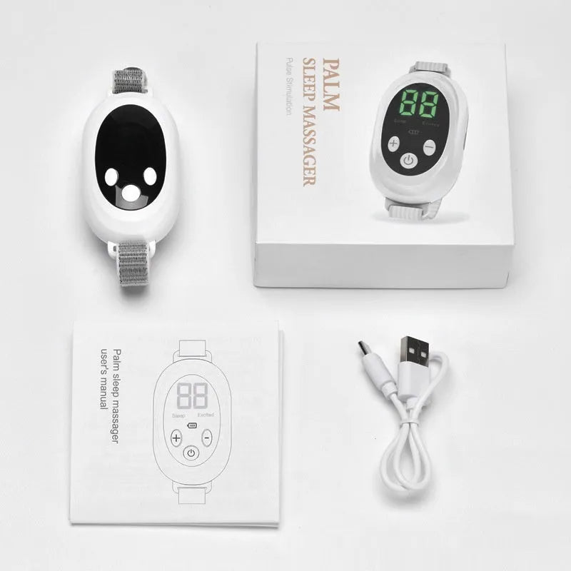White sleep aid instrument with handheld remote control and wearable bracelet on a charging cable.