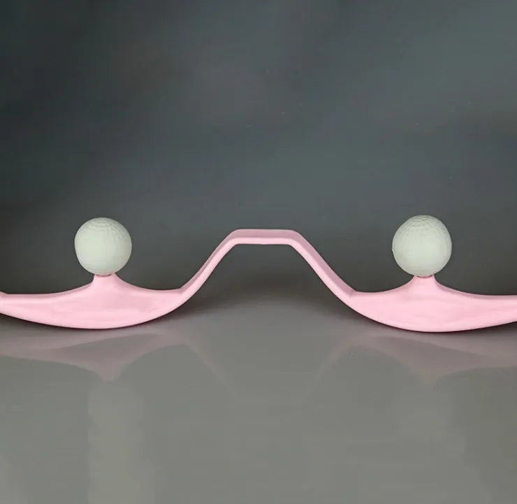 Blue handheld neck and shoulder massager with 3D floating-point heads and an adjustable plastic stand.