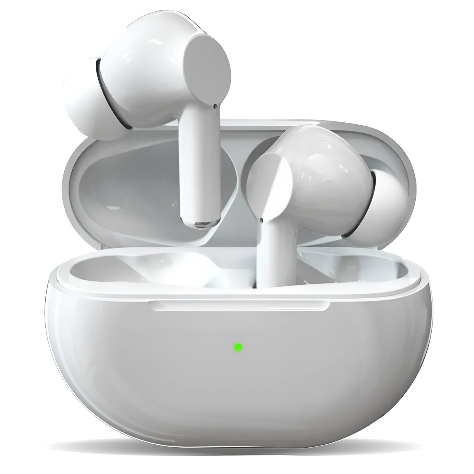Pro4 black and white Bluetooth earbuds with charging case on a dark background.