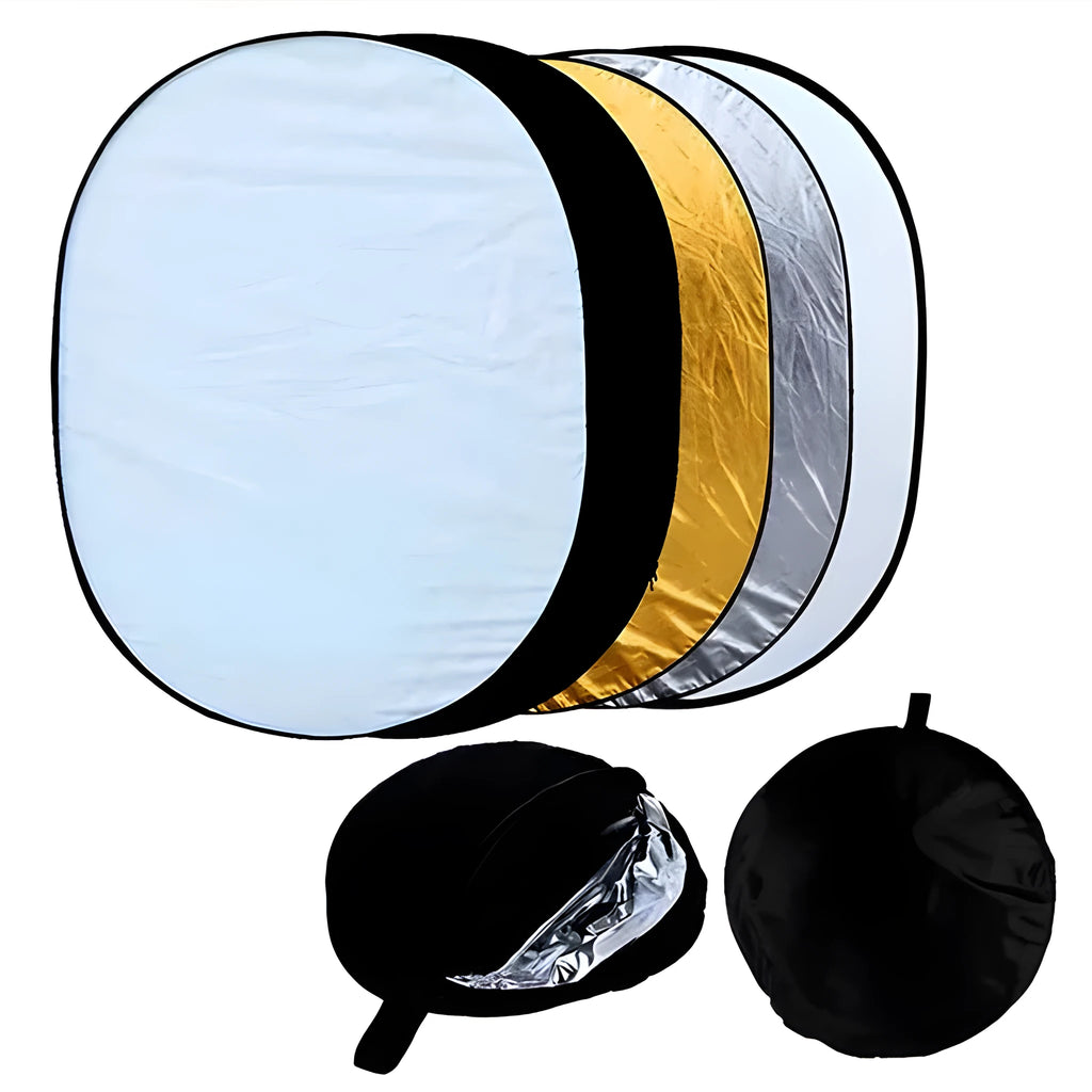 Collapsible 5-in-1 photography light reflector showing gold, silver, white, black, and translucent surfaces