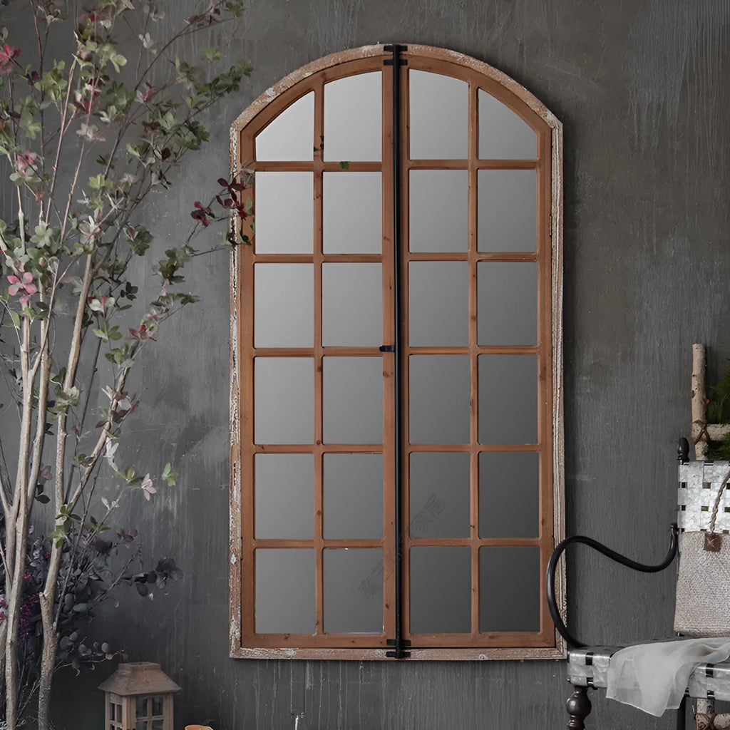 Terrace distressed fake window wall mirror with wooden frame and log colour finish