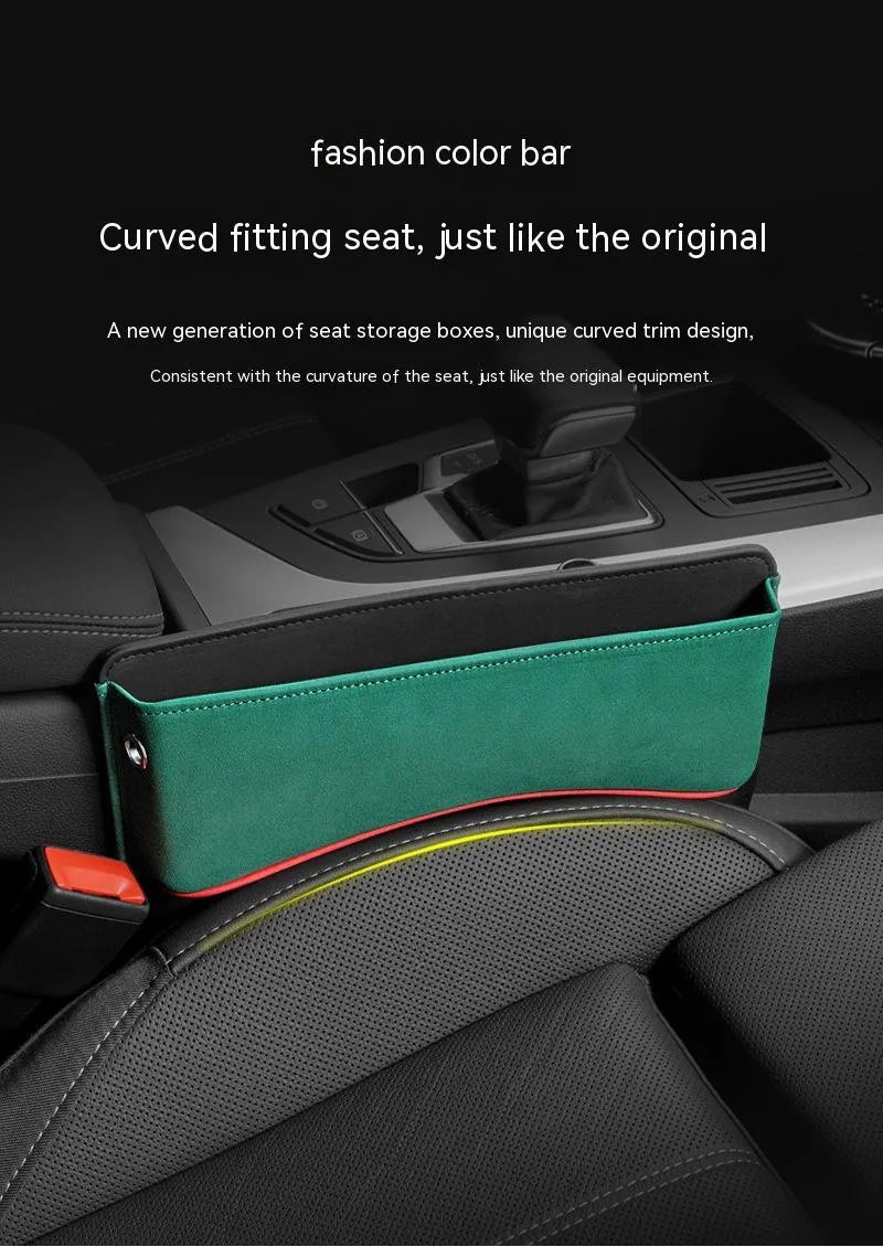 Leather car seat storage organiser box in a choice of five colours, shown on a vehicle seat.