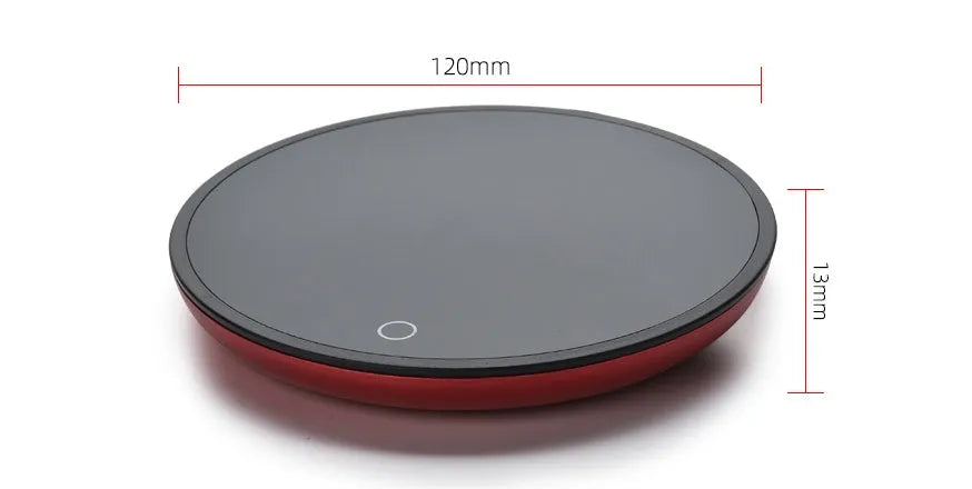 Black coffee mug warmer on desk showing 12cm diameter and low/high temperature switch