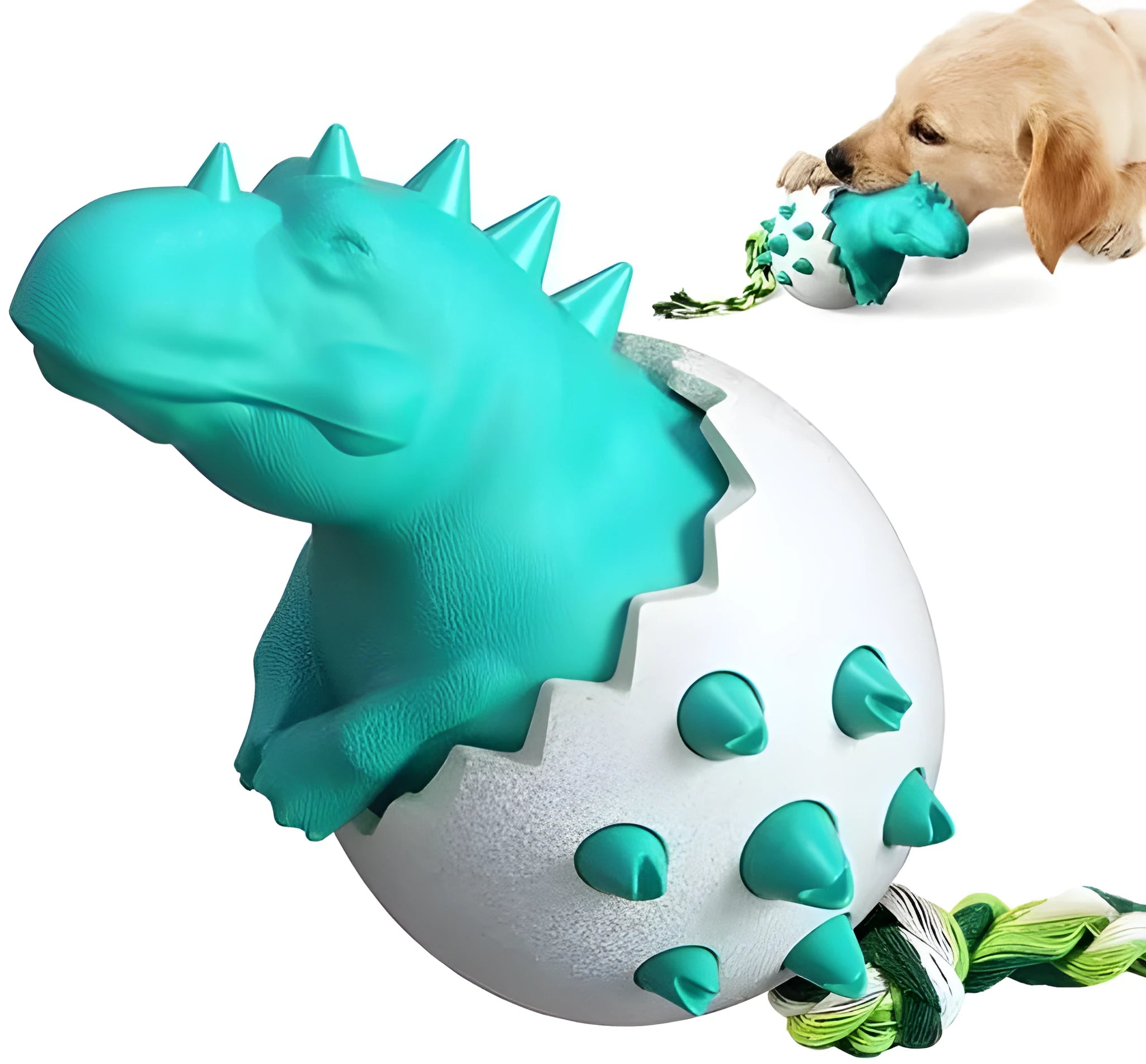 Blue durable rubber dinosaur dog chew toy with rope for aggressive chewers