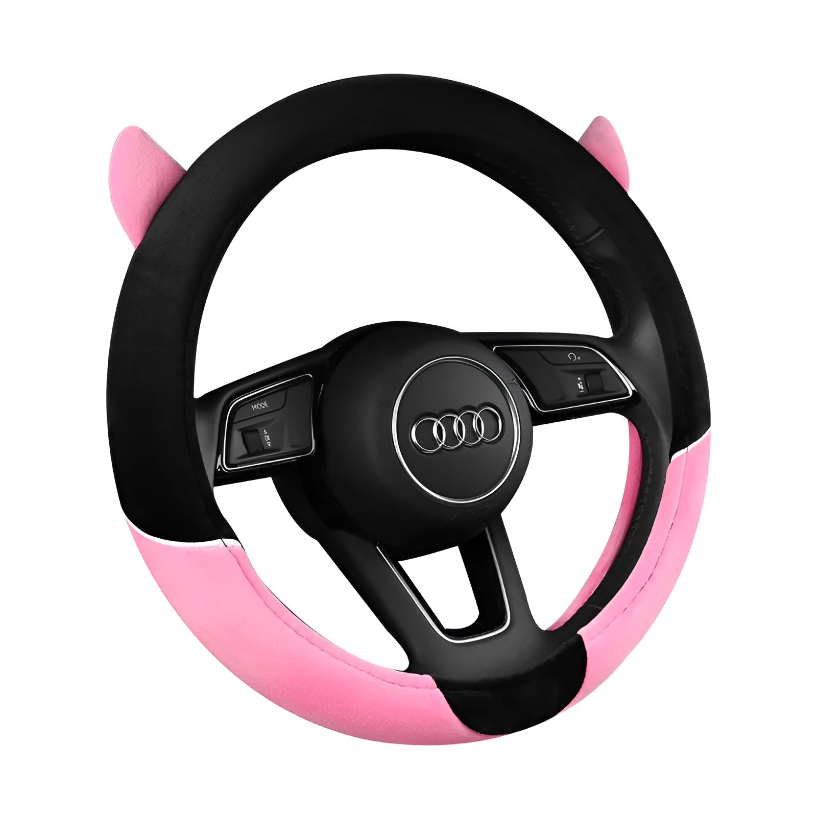 Plush car steering wheel cover with cartoon glove design in black and gray