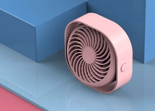 USB desk fan in blue colour with 360-degree rotation head and rotary switch, showing modern simple design.
