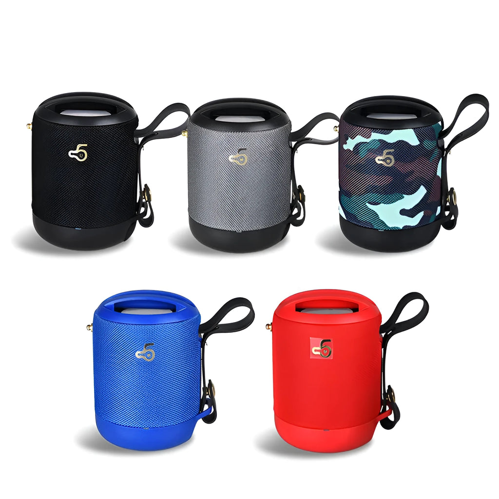 Portable wireless bluetooth speaker with leather case in black, blue, camouflage, grey, or red colour options.