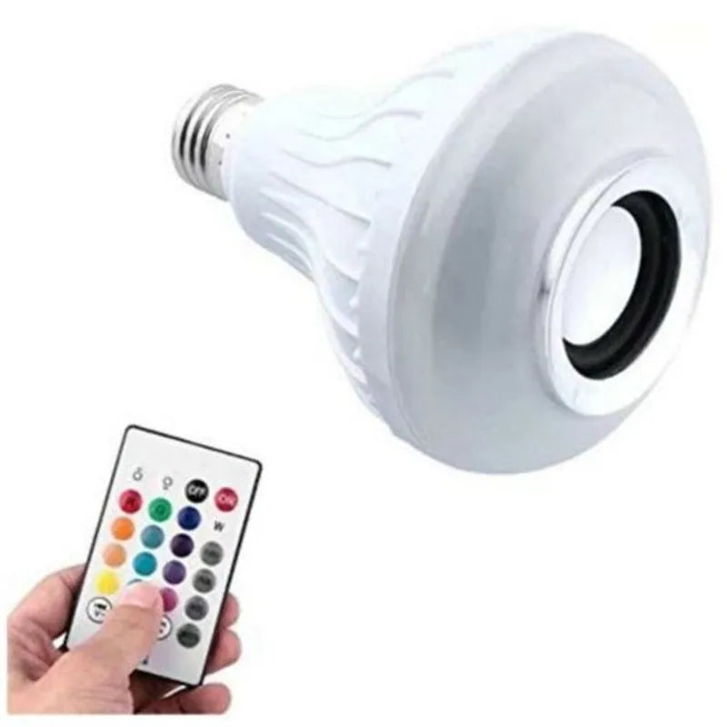 White E27 Bluetooth speaker LED bulb with remote control for smart lighting and audio