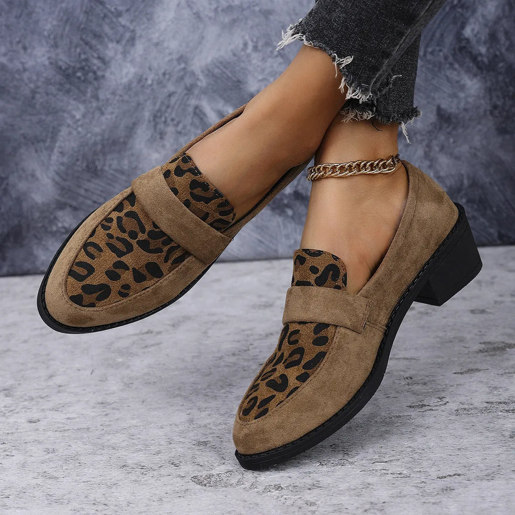 Women's leopard print suede slip-on shoes with chunky mid-heel and pointed toe in brown, pink, and khaki