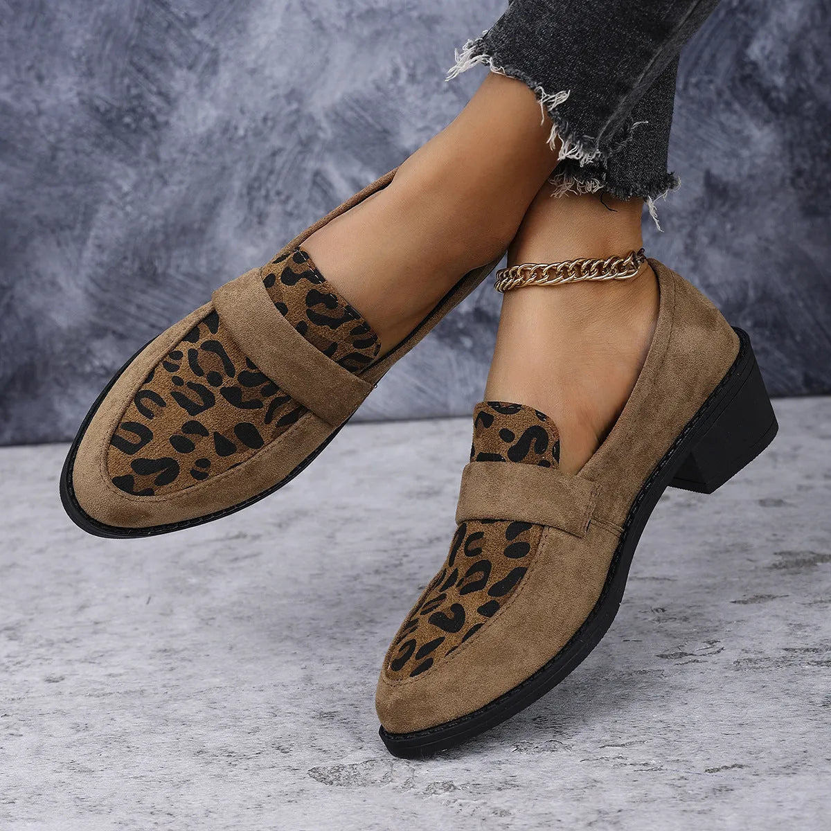 Women's leopard print suede slip-on shoes with chunky mid-heel and pointed toe in brown, pink, and khaki