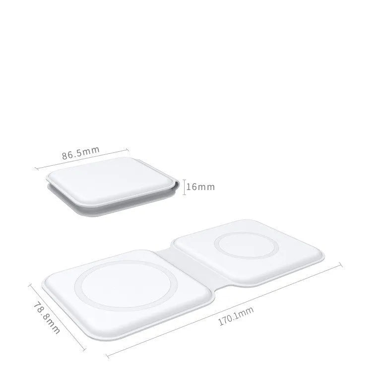 White foldable dual magnetic wireless charging dock showing 180° folding mechanism and Type-C port
