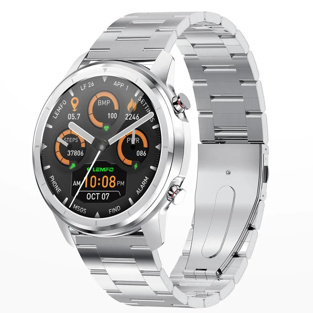 LEMFO LF26 black smart bracelet with 1.3-inch touchscreen on a wrist.